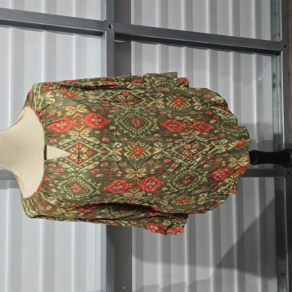 Ruby Rd Woman Size 1X Green Boho Metallic Thread Flare 3/4 Sleeve Blouse